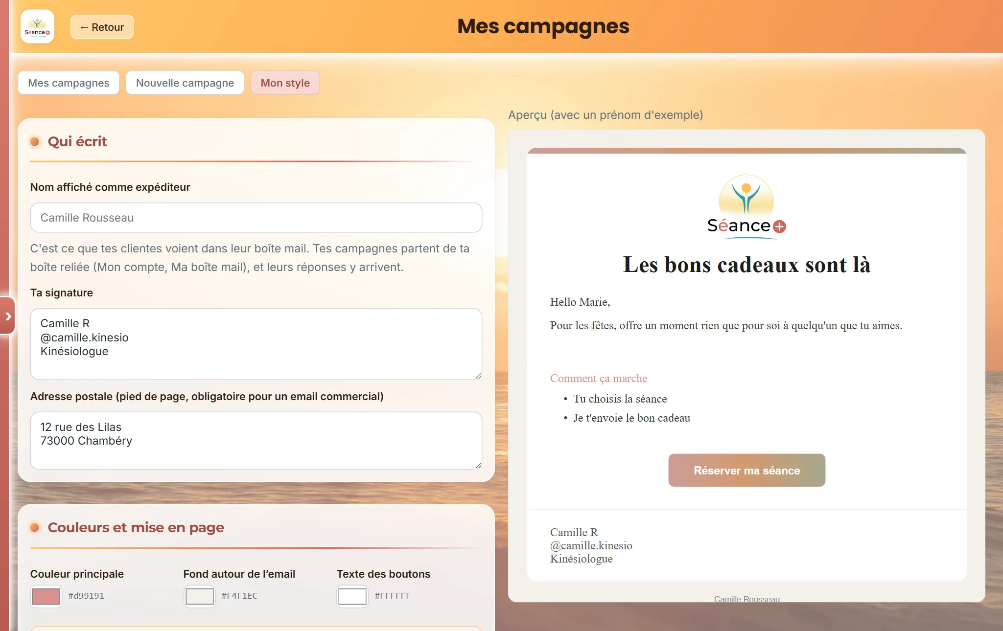 Réglage du style des campagnes email dans Séance+, avec l'aperçu de l'email en dégradé