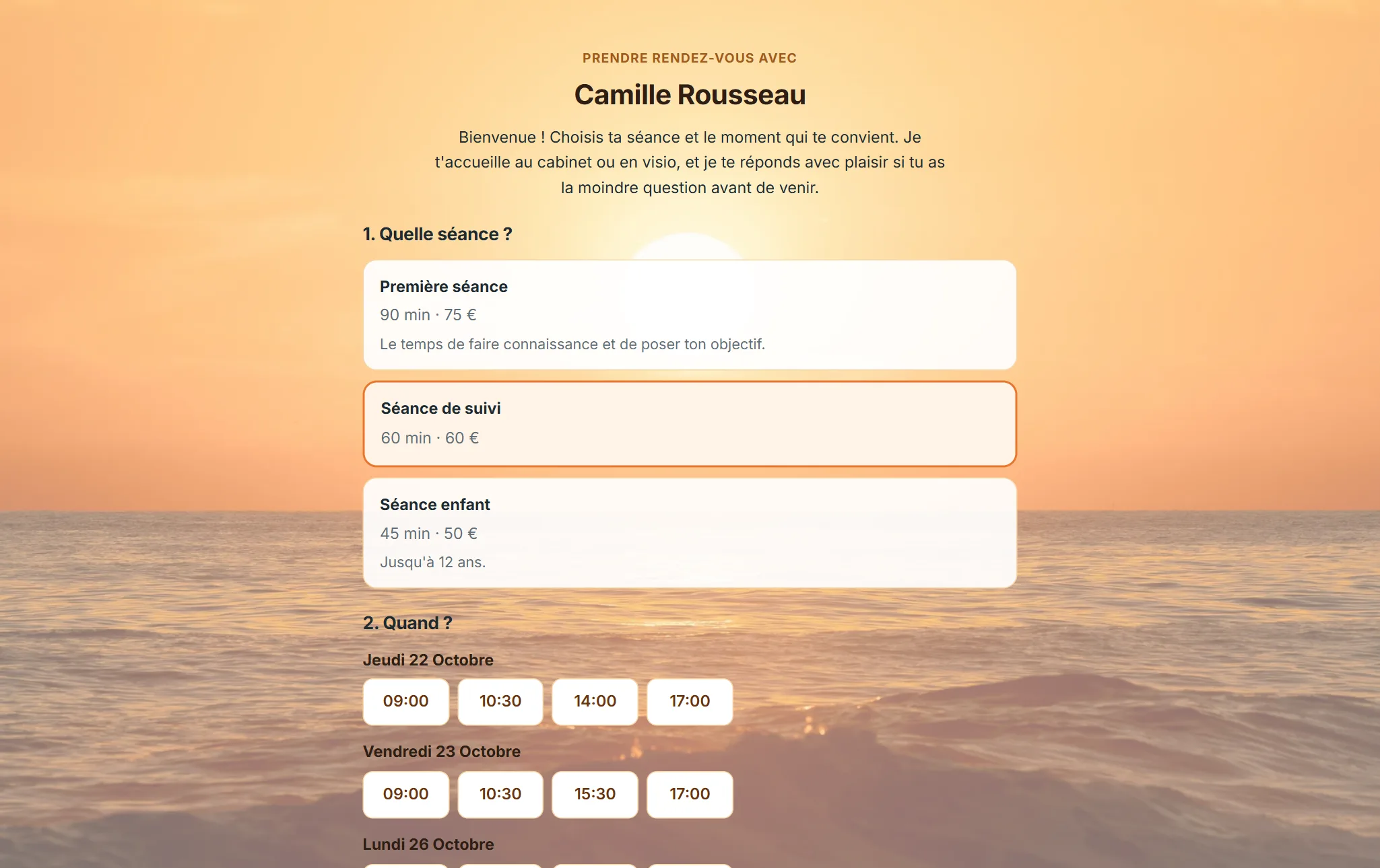 Page de réservation en ligne vue par la cliente : choix de la séance puis du créneau